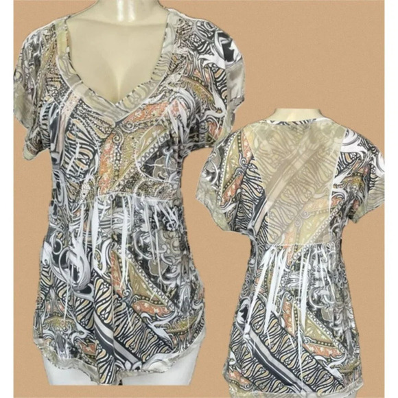 Live & Let Live S Multi-Color Artsy Print V-Neck Studded Mesh Short Sleeve Top - Picture 1 of 6